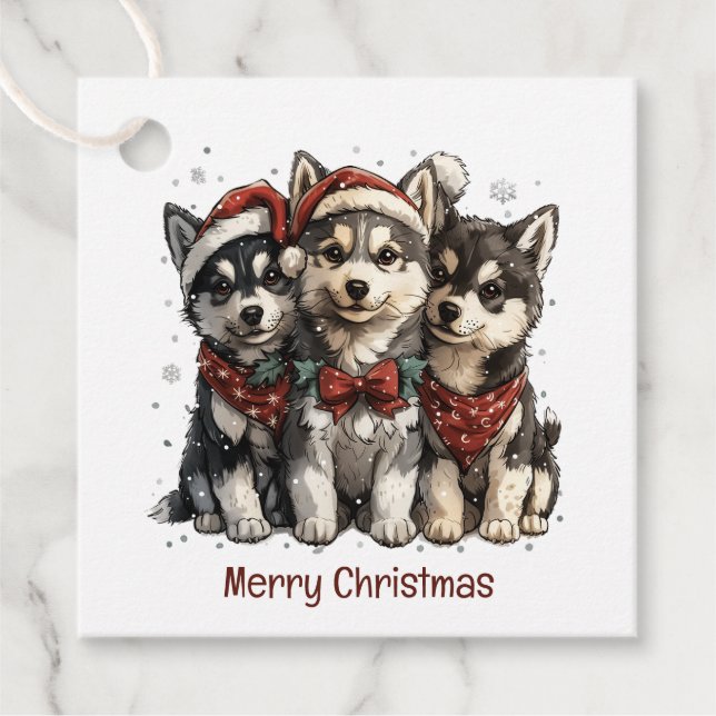 Merry Christmas Husky Dogs Favour Tags (Front)