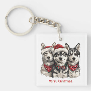 Merry Christmas Husky Dogs Keychain