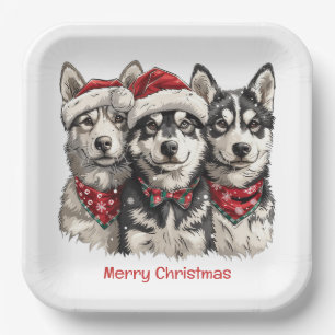 Merry Christmas Husky Dogs Paper Plate