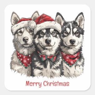 Merry Christmas Husky Dogs Square Sticker