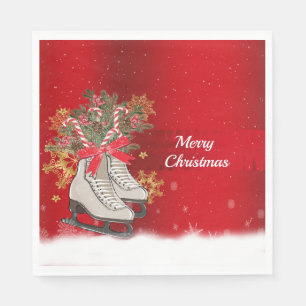 Merry Christmas Ice Skate Candy Canes Snowflakes Napkin