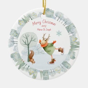Merry Christmas Ice Skating Deer in Winter on Ceramic Ornament