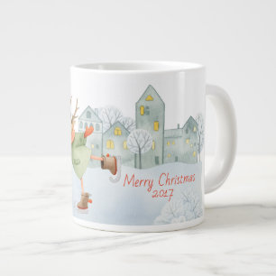Merry Christmas Ice Skating Deer in Winter on Large Coffee Mug