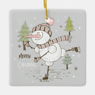 Merry Christmas Ice Skating Snowman Ceramic Ornament