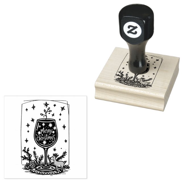 Merry Christmas in a Wine Glass  Rubber Stamp (Stamped)