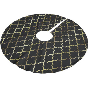 Merry Christmas in Black & Gold Quatrefoil Brushed Polyester Tree Skirt