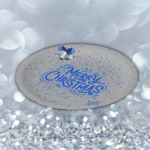 Merry Christmas in Blue on Silver Paper Plate