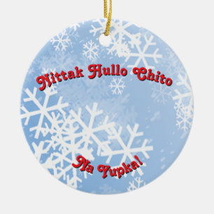 Merry Christmas in Choctaw w Snowflake backgrond Ceramic Ornament