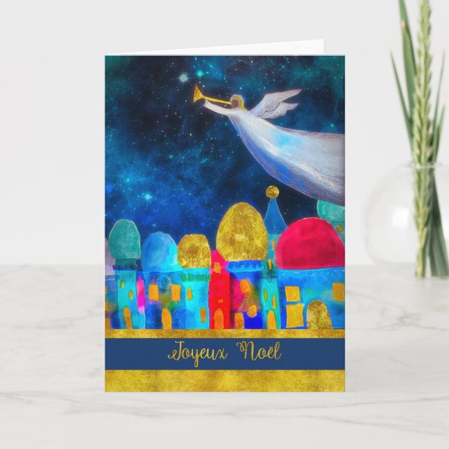Merry Christmas in French, Joyeux  Noël, Angel Holiday Card (Front)