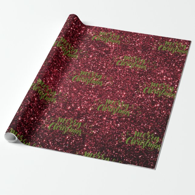 Merry Christmas In Glitter Burgundy & Green Wrapping Paper (Unrolled)