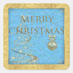 Merry Christmas in Gold and Blue Square Sticker