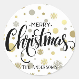 Merry Christmas in Gold and Silver Snow Customize Classic Round Sticker
