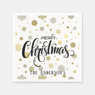 Merry Christmas in Gold and Silver Snow Customize Napkin