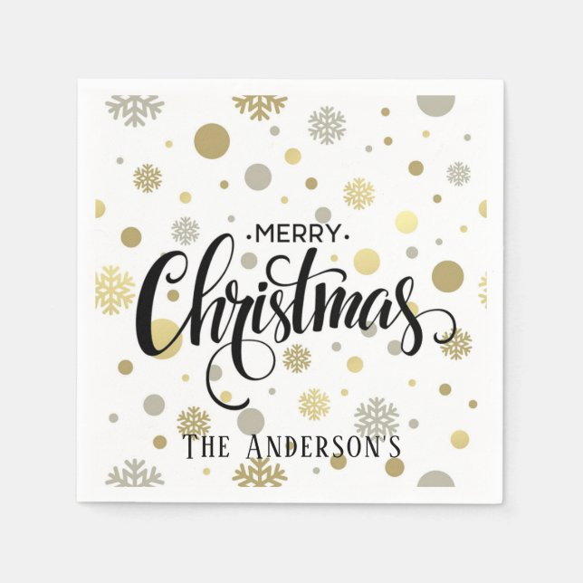 Merry Christmas in Gold and Silver Snow Customize Napkin (Front)