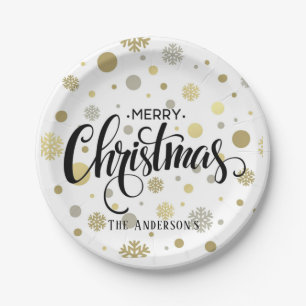 Merry Christmas in Gold and Silver Snow Customize Paper Plate