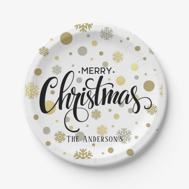 Merry Christmas in Gold and Silver Snow Customize Paper Plate (Front)