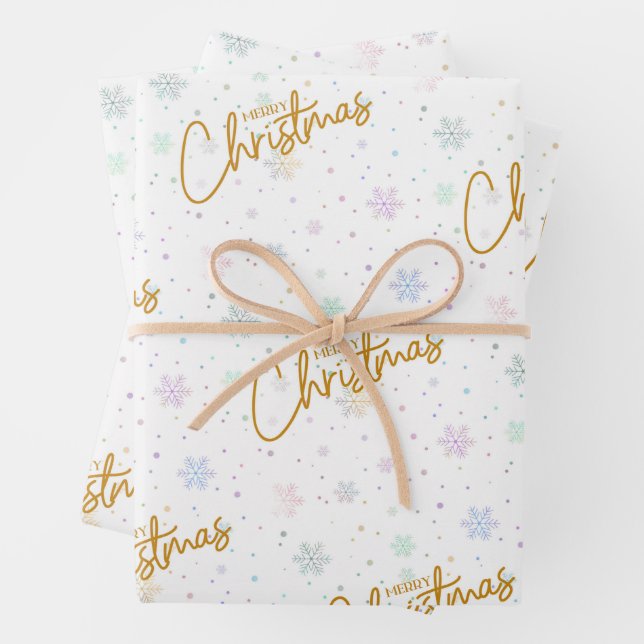 Merry Christmas in Gold with Snowflake Background Wrapping Paper Sheet (In situ)