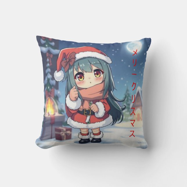 Merry Christmas In Japanese Anime Girl  Throw Pillow (Front)