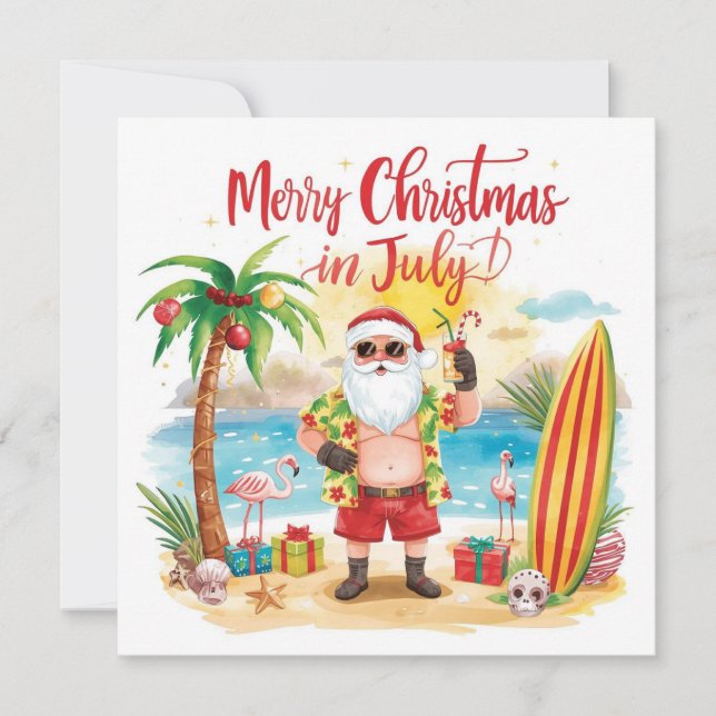 Merry Christmas in July at beach with Santa Holiday Card (Front)