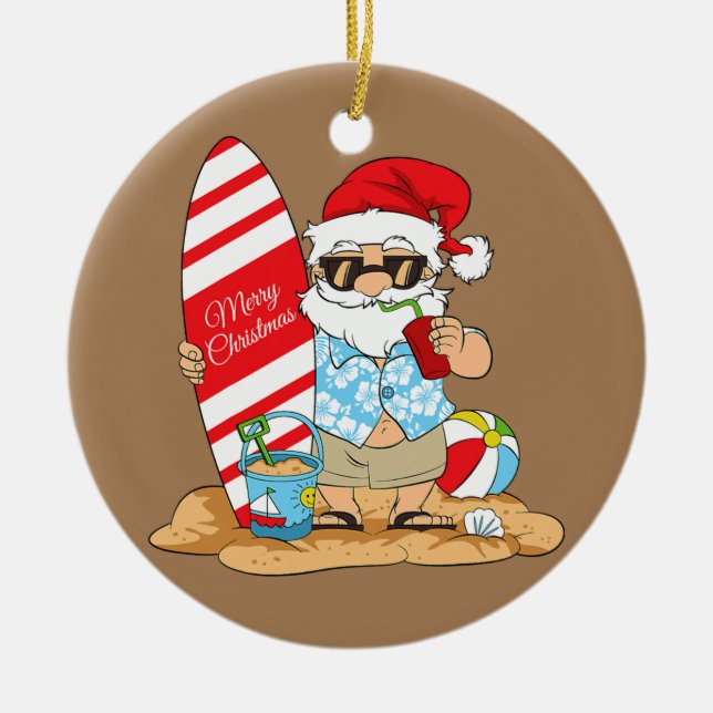 Merry Christmas in July Santa Claus Surfboard Ceramic Ornament (Front)
