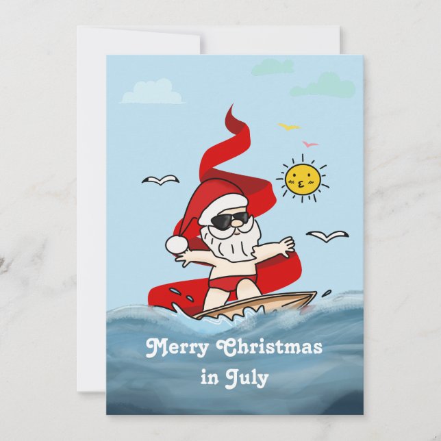Merry Christmas In July Surfing Santa Claus  Holiday Card (Front)