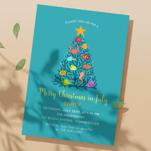 Merry Christmas in July Tropical Coral Tree Fishes Invitation