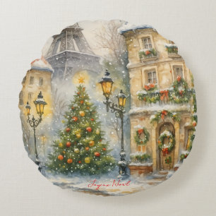 Merry Christmas in Paris Watercolor Eiffel Tower Round Pillow