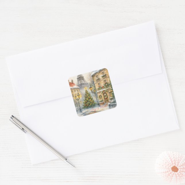 Merry Christmas in Paris Watercolor Eiffel Tower  Square Sticker (Envelope)