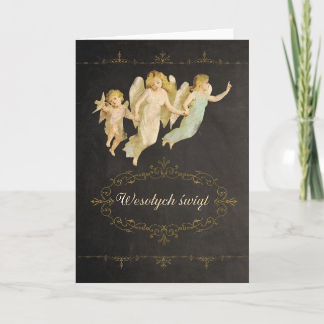 Merry Christmas in Polish, angels Holiday Card (Front)