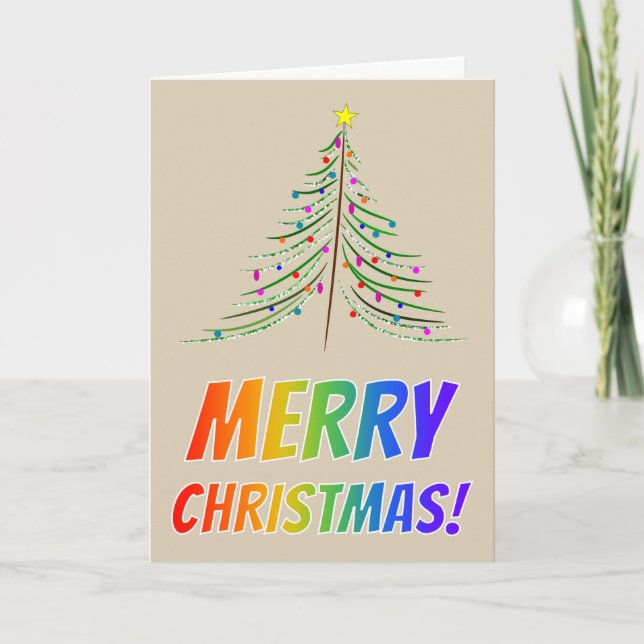 "MERRY CHRISTMAS!" in Rainbow Text + Artistic Tree Holiday Card (Front)