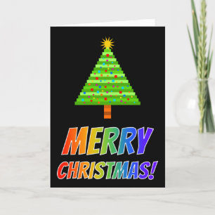 "MERRY CHRISTMAS!" in Rainbow Text, Decorated Tree Holiday Card