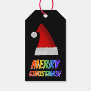 "MERRY CHRISTMAS!" in Rainbow Text, Red Santa Hat Gift Tags