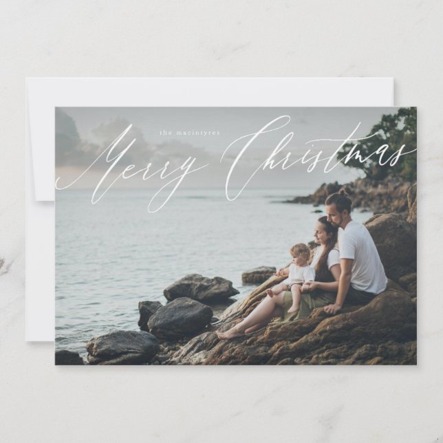 Merry Christmas in script on full-bleed photo Holiday Card (Front)