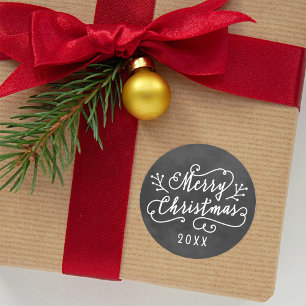 Merry Christmas in White Script   Chalkboard Classic Round Sticker