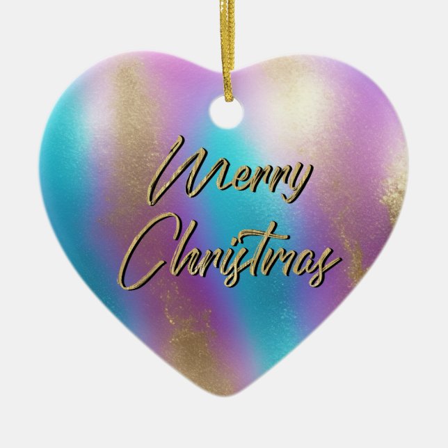 Merry Christmas Iridescent Rainbow Glam Ceramic Ornament (Front)