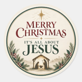 Merry Christmas Its All About Jesus Elegant Classic Round Sticker
