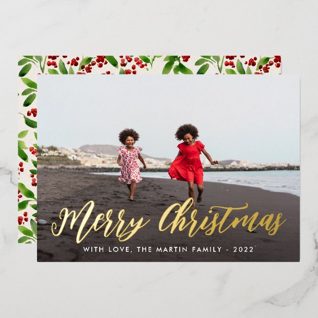 Merry Christmas Ivory Botanical Print One Photo (Front/Back)