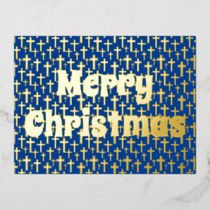 Merry Christmas Jesus cross elegant royal blue Foil Holiday Postcard