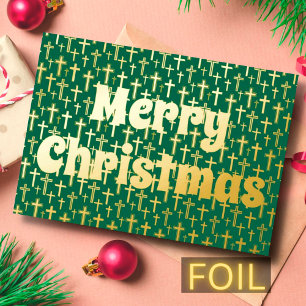 Merry Christmas Jesus cross retro typography green Foil Holiday Card