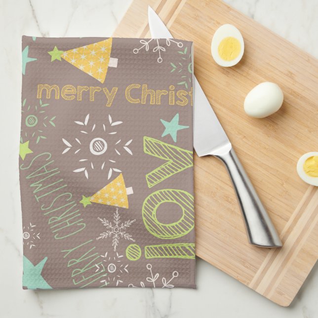 Merry Christmas, Joy, Christmas Trees Kitchen Towel (Quarter Fold)
