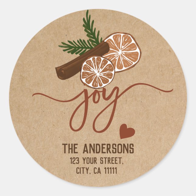 Merry Christmas Joy Cinnamon Rustic Typography Classic Round Sticker (Front)