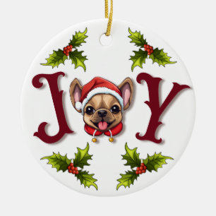 Merry Christmas Joy Cute French Bulldog holly Ceramic Ornament