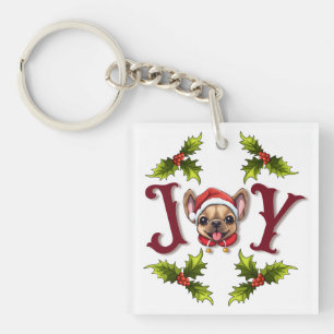 Merry Christmas Joy Cute French Bulldog holly Keychain
