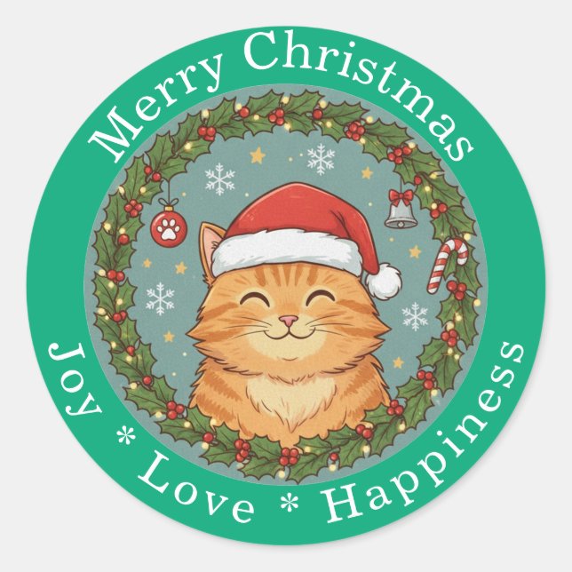 Merry Christmas Joy Love Happiness Cute Cat  Classic Round Sticker (Front)