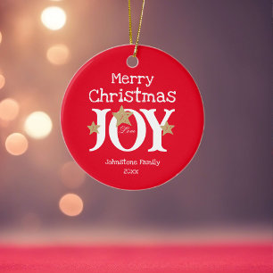 Merry Christmas Joy Simple Elegant Red  Ceramic Ornament