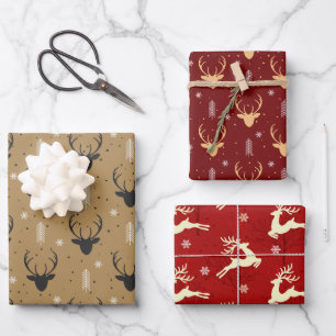 Merry Christmas Jumping Reindeer Snow White Red Wrapping Paper Sheet