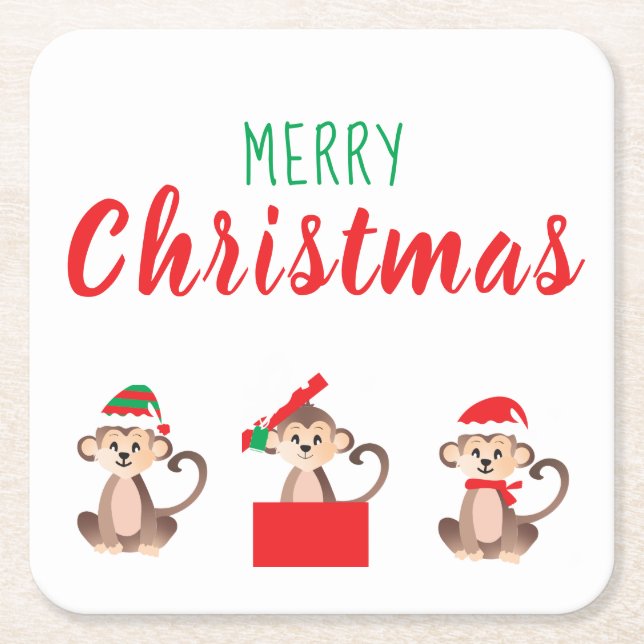 Merry Christmas Jungle Monkey Santa Elf Hat Square Paper Coaster (Front)