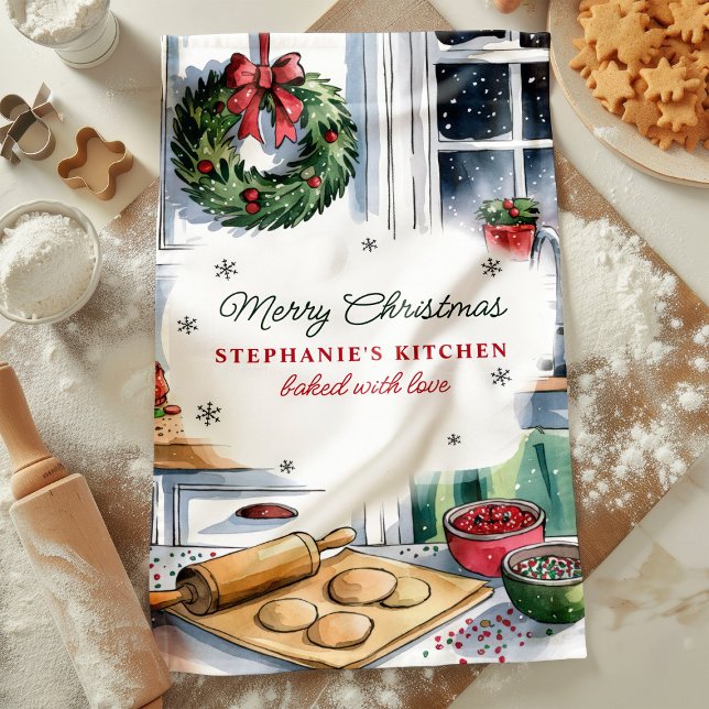 Merry Christmas Kitchen Baking Scene Personalized Towel (Creator Uploaded)