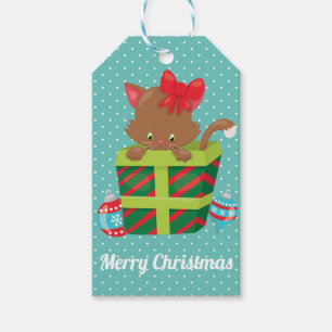 Merry Christmas Kitten Teal White Polka Dot Gift Tags