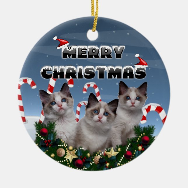 Merry Christmas Kittens in Candy Cane Land Ceramic Ornament (Front)